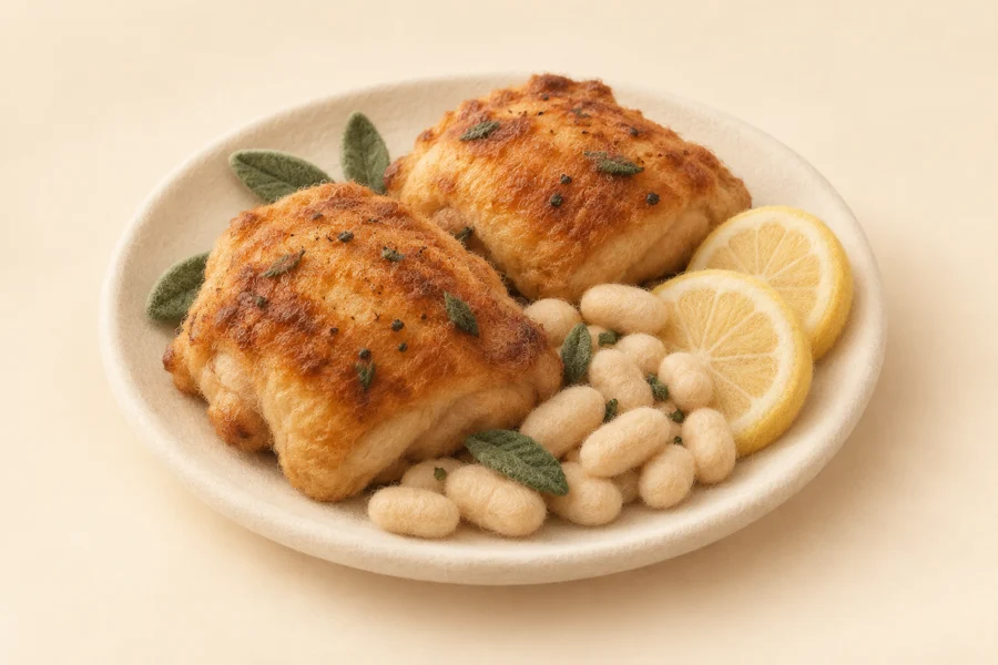 Plush-style roasted chicken thighs with lemon and white beans.