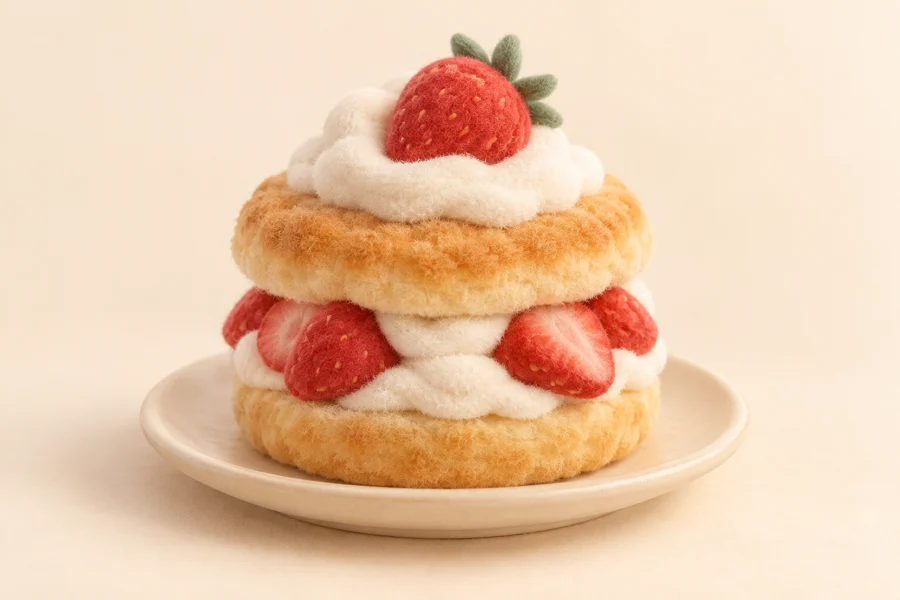 Soft, fuzzy strawberry shortcake with pillowy cream and strawberries on an ivory plate.